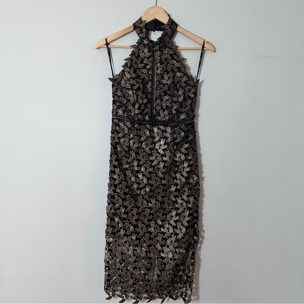 Bardot Gold Leaf Halter Sheer Black Midi Dress Size US 4/XS Night Out Dress Gala